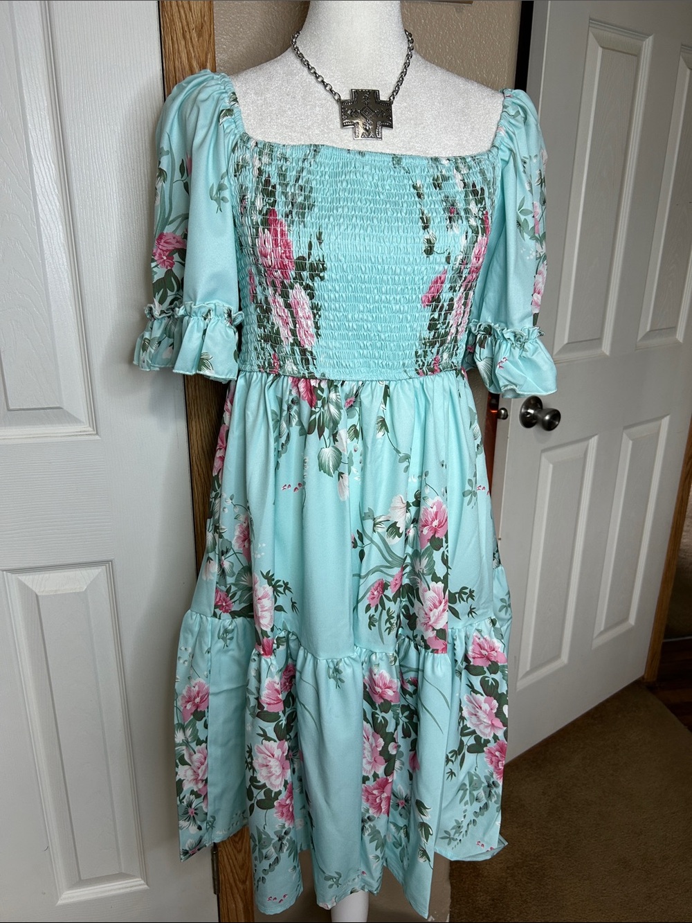 FLORAL Blue & Pink Smocked Midi Dress with Puff Sleeves
